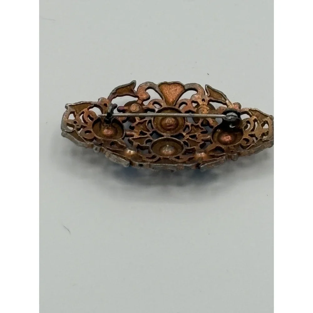Antique Victorian Gilded Brass  Blue‎ Glass Pin Brooch C-clasp